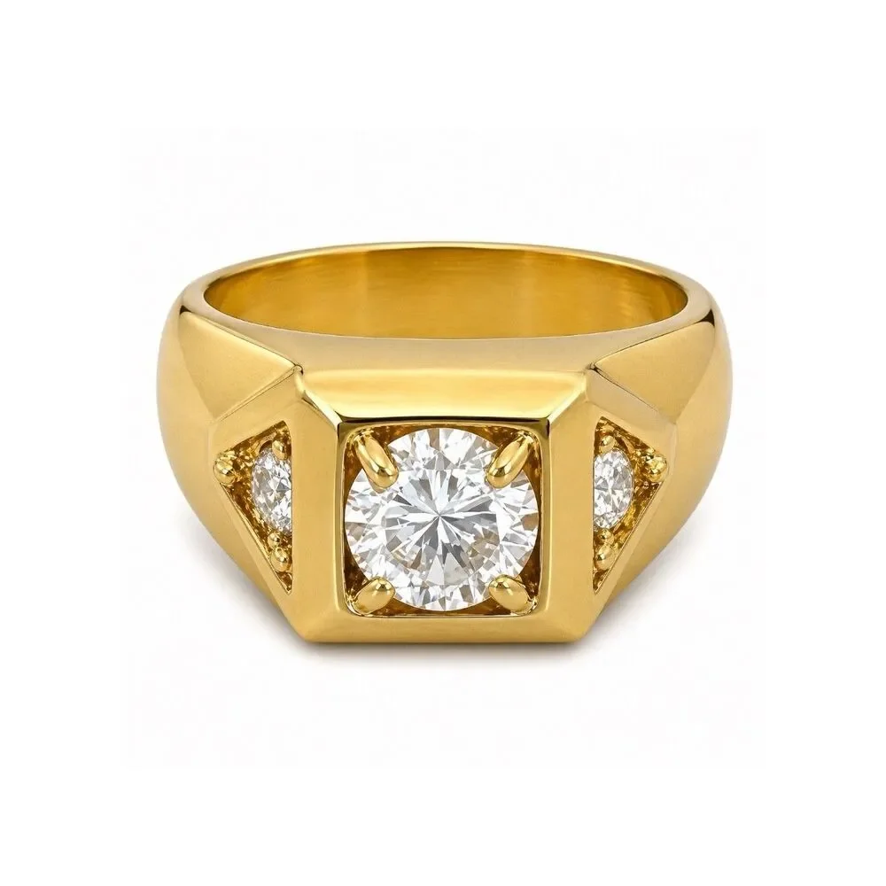 Vintage 1970s Ring Size 9 CZ Square Prong Set Gold Plated Band - 14O